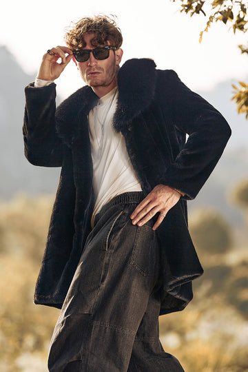 Luksusowy Złoty Płaszcz Męski Ze Sztucznego Futra I Długim Rękawem